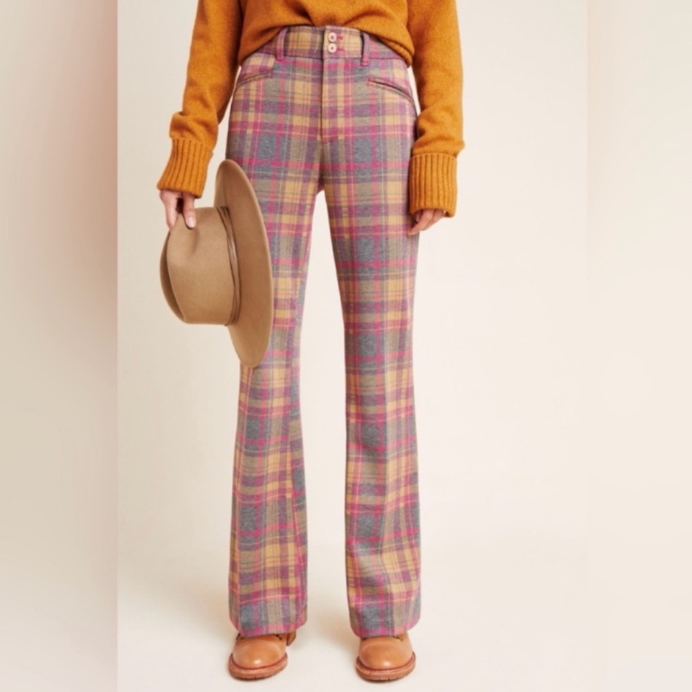 Anthropologie Plaid Trousers in Pink and Yellow
